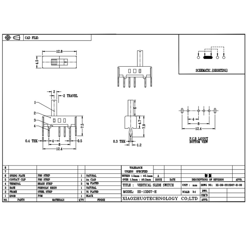 Slide Switch SS13D07 Single-Reihe vier-Pin -Mikro -Kippschalter, vertikaler Kippschalter für Elektrogeräte, 3, 4, 5 und 6 Positionen Schalterschalter